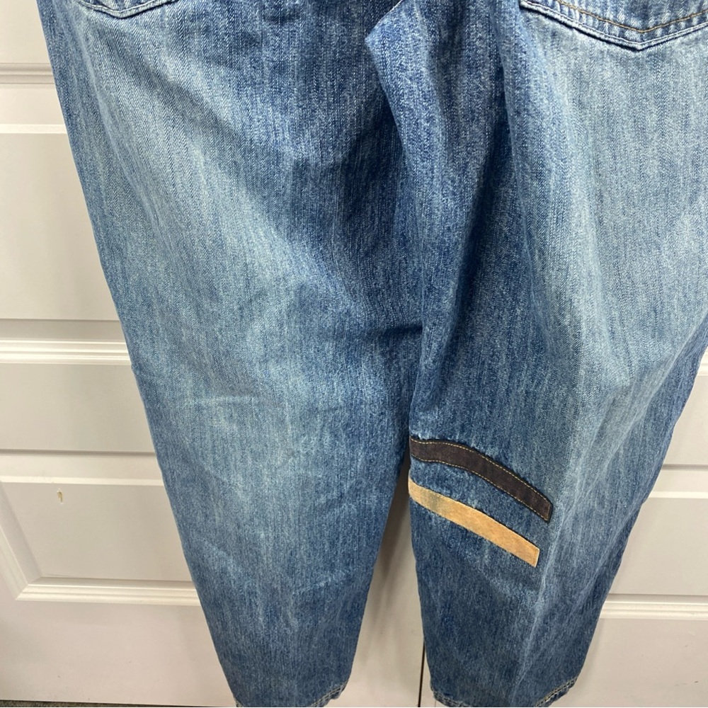 Clench Jeans Mens Y2K Jeans 36x32 Denim Grunge  Hip Hop Suede Stipe 2 Tone Patch - Picture 9 of 10